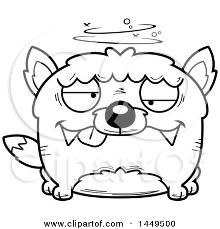 Clipart Graphic of a Cartoon Black and White Lineart Drunk Wolf Character Mascot - Royalty Free Vector Illustration by Cory Thoman