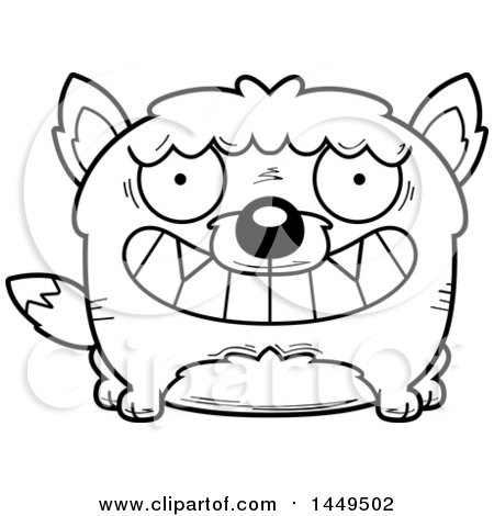 Clipart Graphic of a Cartoon Black and White Lineart Grinning Wolf Character Mascot - Royalty Free Vector Illustration by Cory Thoman