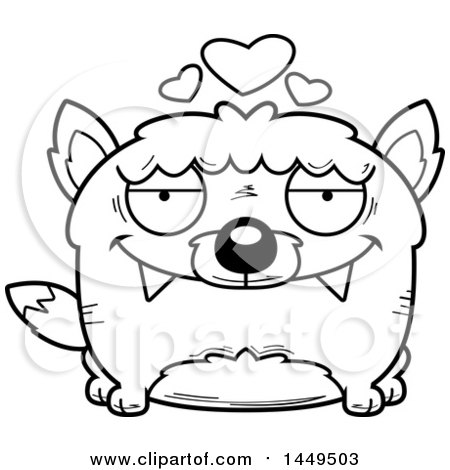 Clipart Graphic of a Cartoon Black and White Lineart Loving Wolf Character Mascot - Royalty Free Vector Illustration by Cory Thoman