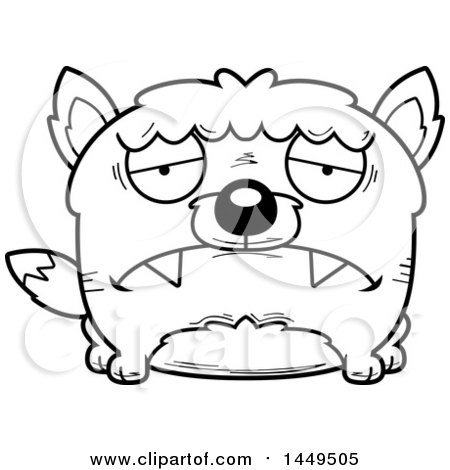 Clipart Graphic of a Cartoon Black and White Lineart Sad Wolf Character Mascot - Royalty Free Vector Illustration by Cory Thoman