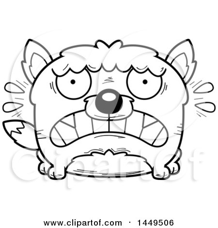 Clipart Graphic of a Cartoon Black and White Lineart Scared Wolf Character Mascot - Royalty Free Vector Illustration by Cory Thoman
