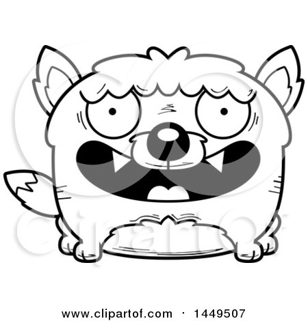 Clipart Graphic of a Cartoon Black and White Lineart Happy Wolf Character Mascot - Royalty Free Vector Illustration by Cory Thoman