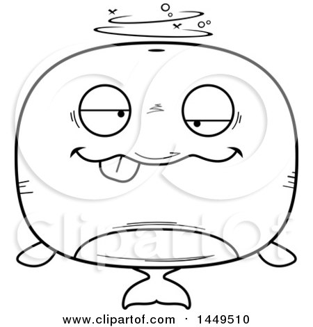 Clipart Graphic of a Cartoon Black and White Lineart Drunk Whale Character Mascot - Royalty Free Vector Illustration by Cory Thoman