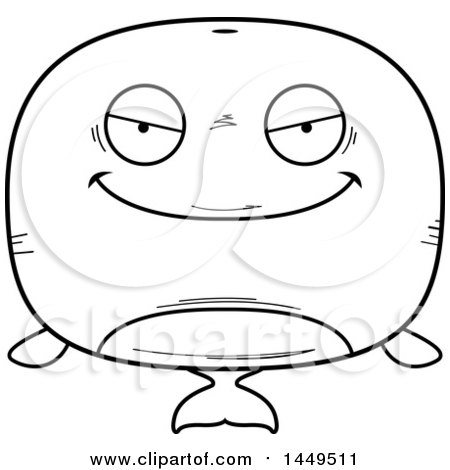 Clipart Graphic of a Cartoon Black and White Lineart Evil Whale Character Mascot - Royalty Free Vector Illustration by Cory Thoman