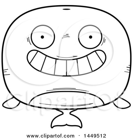 Clipart Graphic of a Cartoon Black and White Lineart Grinning Whale Character Mascot - Royalty Free Vector Illustration by Cory Thoman