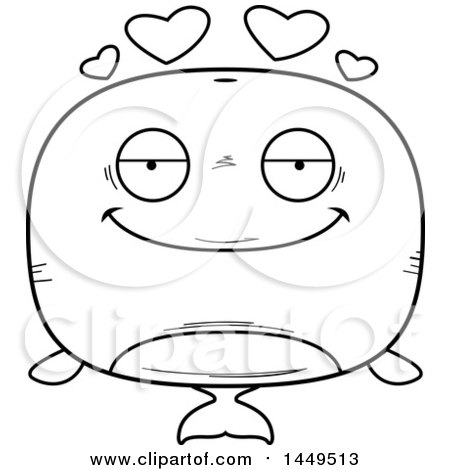 Clipart Graphic of a Cartoon Black and White Lineart Loving Whale Character Mascot - Royalty Free Vector Illustration by Cory Thoman