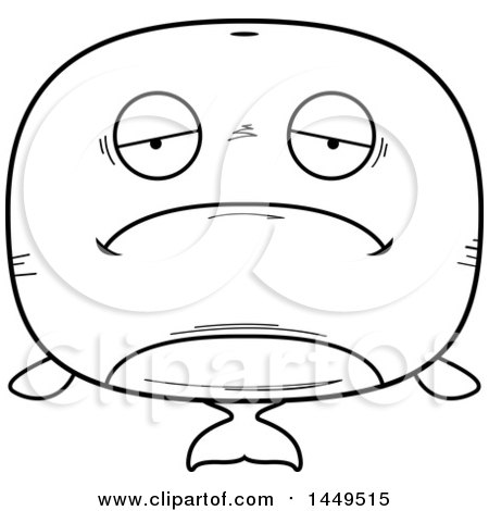 Clipart Graphic of a Cartoon Black and White Lineart Sad Whale Character Mascot - Royalty Free Vector Illustration by Cory Thoman