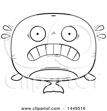 Clipart Graphic of a Cartoon Black and White Lineart Scared Whale Character Mascot - Royalty Free Vector Illustration by Cory Thoman