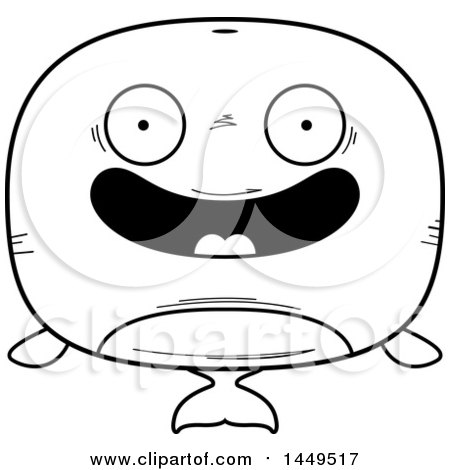 Clipart Graphic of a Cartoon Black and White Lineart Happy Whale Character Mascot - Royalty Free Vector Illustration by Cory Thoman