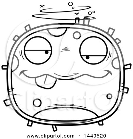 Clipart Graphic of a Cartoon Black and White Lineart Drunk Cell Character Mascot - Royalty Free Vector Illustration by Cory Thoman