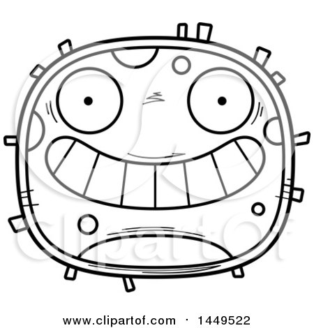 Clipart Graphic of a Cartoon Black and White Lineart Grinning Cell Character Mascot - Royalty Free Vector Illustration by Cory Thoman