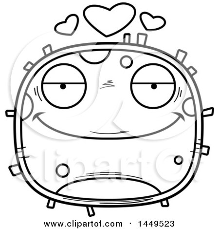 Clipart Graphic of a Cartoon Black and White Lineart Loving Cell Character Mascot - Royalty Free Vector Illustration by Cory Thoman