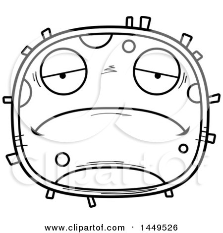 Clipart Graphic of a Cartoon Black and White Lineart Sad Cell Character Mascot - Royalty Free Vector Illustration by Cory Thoman