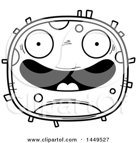 Clipart Graphic of a Cartoon Black and White Lineart Happy Cell Character Mascot - Royalty Free Vector Illustration by Cory Thoman