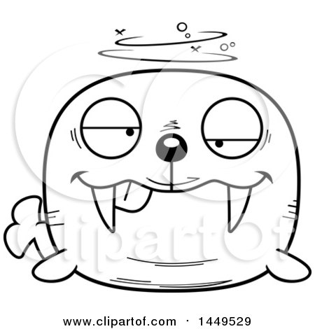 Clipart Graphic of a Cartoon Black and White Lineart Drunk Walrus Character Mascot - Royalty Free Vector Illustration by Cory Thoman