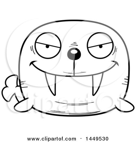 Clipart Graphic of a Cartoon Black and White Lineart Evil Walrus Character Mascot - Royalty Free Vector Illustration by Cory Thoman