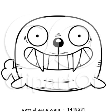 Clipart Graphic of a Cartoon Black and White Lineart Grinning Walrus Character Mascot - Royalty Free Vector Illustration by Cory Thoman