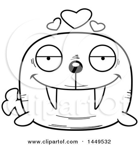 Clipart Graphic of a Cartoon Black and White Lineart Loving Walrus Character Mascot - Royalty Free Vector Illustration by Cory Thoman