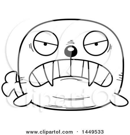 Clipart Graphic of a Cartoon Black and White Lineart Mad Walrus Character Mascot - Royalty Free Vector Illustration by Cory Thoman