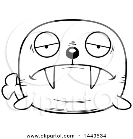 Clipart Graphic of a Cartoon Black and White Lineart Sad Walrus Character Mascot - Royalty Free Vector Illustration by Cory Thoman