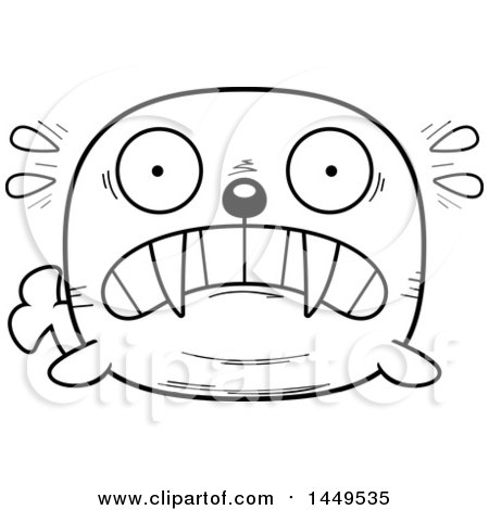Clipart Graphic of a Cartoon Black and White Lineart Scared Walrus Character Mascot - Royalty Free Vector Illustration by Cory Thoman