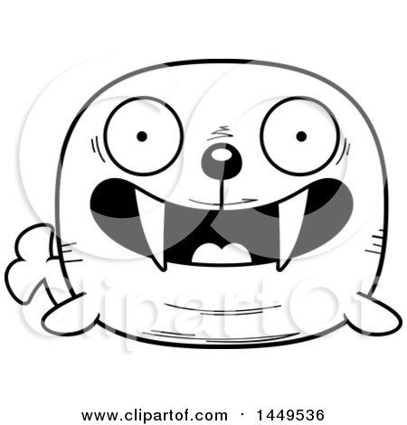 Clipart Graphic of a Cartoon Black and White Lineart Happy Walrus Character Mascot - Royalty Free Vector Illustration by Cory Thoman