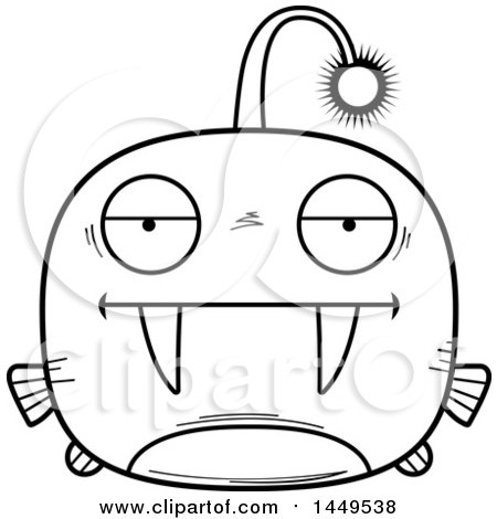 Clipart Graphic of a Cartoon Black and White Lineart Bored Viperfish Character Mascot - Royalty Free Vector Illustration by Cory Thoman