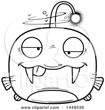 Clipart Graphic of a Cartoon Black and White Lineart Drunk Viperfish Character Mascot - Royalty Free Vector Illustration by Cory Thoman