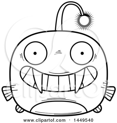 Clipart Graphic of a Cartoon Black and White Lineart Grinning Viperfish Character Mascot - Royalty Free Vector Illustration by Cory Thoman