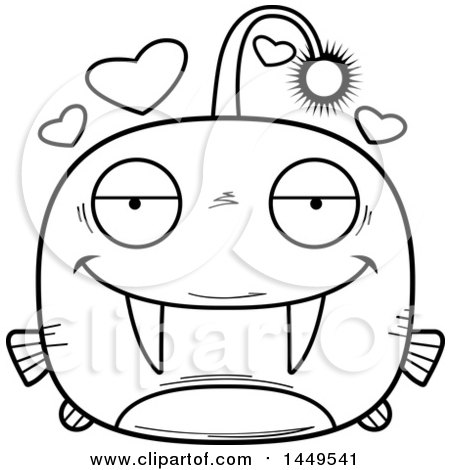 Clipart Graphic of a Cartoon Black and White Lineart Loving Viperfish Character Mascot - Royalty Free Vector Illustration by Cory Thoman