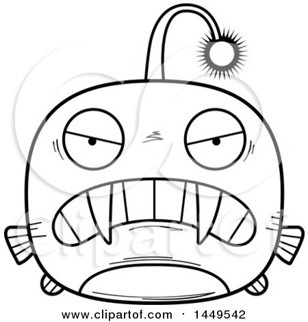 Clipart Graphic of a Cartoon Black and White Lineart Mad Viperfish Character Mascot - Royalty Free Vector Illustration by Cory Thoman