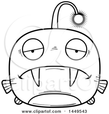 Clipart Graphic of a Cartoon Black and White Lineart Sad Viperfish Character Mascot - Royalty Free Vector Illustration by Cory Thoman