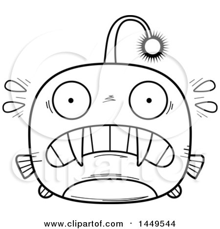 Clipart Graphic of a Cartoon Black and White Lineart Scared Viperfish Character Mascot - Royalty Free Vector Illustration by Cory Thoman