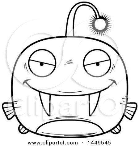 Clipart Graphic of a Cartoon Black and White Lineart Sly Viperfish Character Mascot - Royalty Free Vector Illustration by Cory Thoman