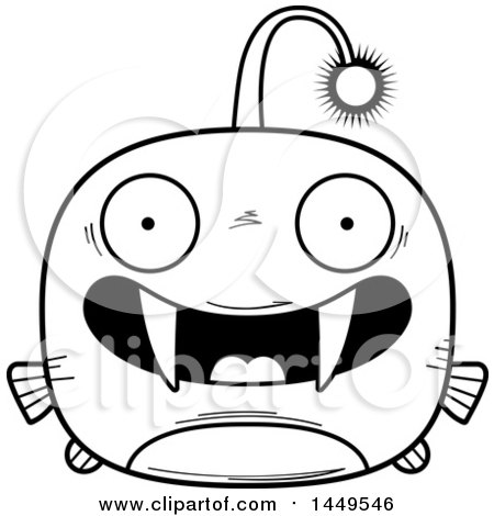 Clipart Graphic of a Cartoon Black and White Lineart Happy Viperfish Character Mascot - Royalty Free Vector Illustration by Cory Thoman