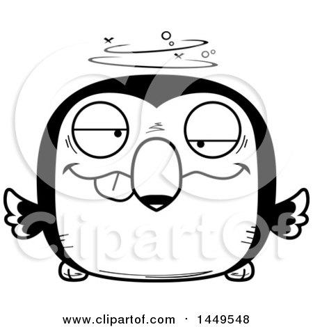 Clipart Graphic of a Cartoon Black and White Lineart Drunk Toucan Bird Character Mascot - Royalty Free Vector Illustration by Cory Thoman
