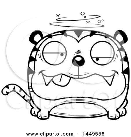 Clipart Graphic of a Cartoon Black and White Lineart Drunk Tiger Character Mascot - Royalty Free Vector Illustration by Cory Thoman