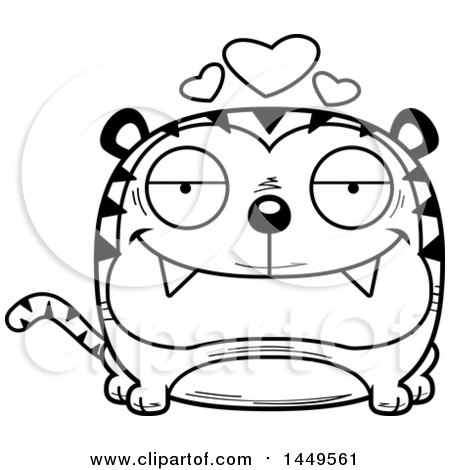 Clipart Graphic of a Cartoon Black and White Lineart Loving Tiger Character Mascot - Royalty Free Vector Illustration by Cory Thoman