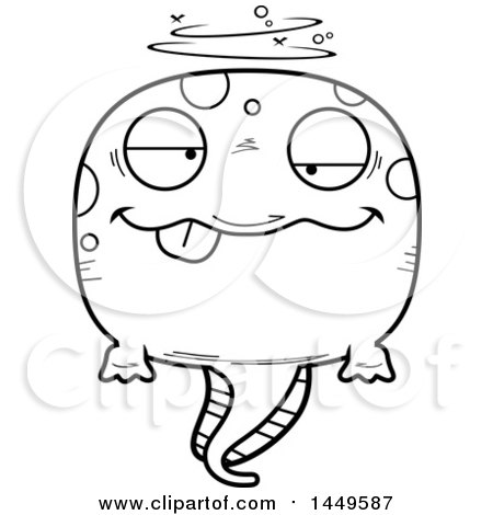 Clipart Graphic of a Cartoon Black and White Lineart Drunk Tadpole Pollywog Character Mascot - Royalty Free Vector Illustration by Cory Thoman