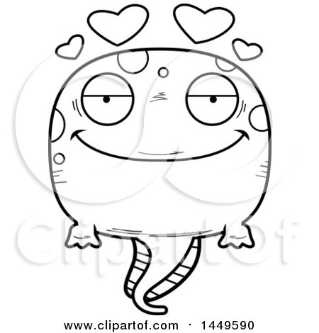 Clipart Graphic of a Cartoon Black and White Lineart Loving Tadpole Pollywog Character Mascot - Royalty Free Vector Illustration by Cory Thoman