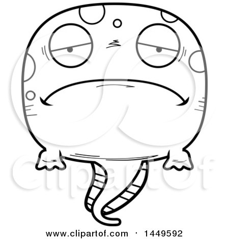 Clipart Graphic of a Cartoon Black and White Lineart Sad Tadpole Pollywog Character Mascot - Royalty Free Vector Illustration by Cory Thoman