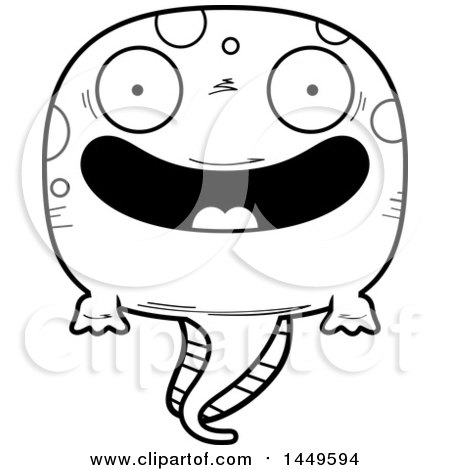 Clipart Graphic of a Cartoon Black and White Lineart Happy Tadpole Pollywog Character Mascot - Royalty Free Vector Illustration by Cory Thoman