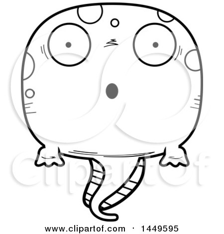 Clipart Graphic of a Cartoon Black and White Lineart Surprised Tadpole Pollywog Character Mascot - Royalty Free Vector Illustration by Cory Thoman