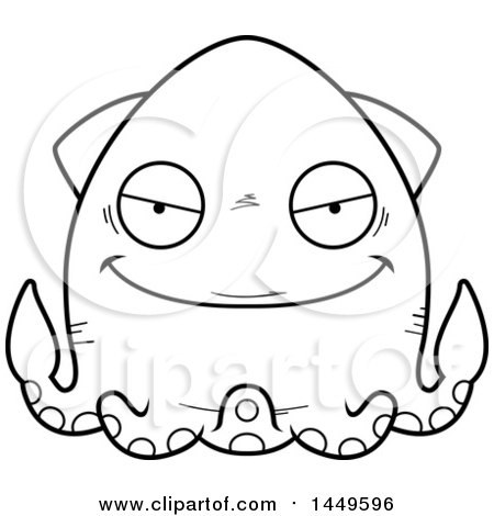 Clipart Graphic of a Cartoon Black and White Lineart Evil Squid Character Mascot - Royalty Free Vector Illustration by Cory Thoman
