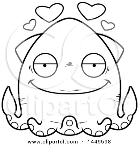 Clipart Graphic of a Cartoon Black and White Lineart Loving Squid Character Mascot - Royalty Free Vector Illustration by Cory Thoman