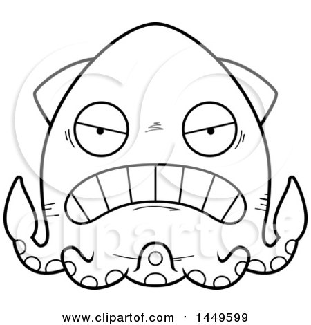 Clipart Graphic of a Cartoon Black and White Lineart Mad Squid Character Mascot - Royalty Free Vector Illustration by Cory Thoman