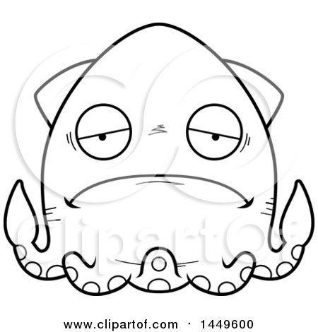 Clipart Graphic of a Cartoon Black and White Lineart Sad Squid Character Mascot - Royalty Free Vector Illustration by Cory Thoman
