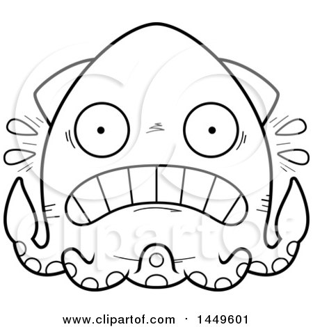 Clipart Graphic of a Cartoon Black and White Lineart Scared Squid Character Mascot - Royalty Free Vector Illustration by Cory Thoman