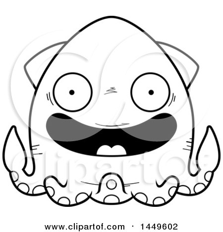Clipart Graphic of a Cartoon Black and White Lineart Happy Squid Character Mascot - Royalty Free Vector Illustration by Cory Thoman