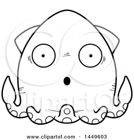 Clipart Graphic of a Cartoon Black and White Lineart Surprised Squid Character Mascot - Royalty Free Vector Illustration by Cory Thoman